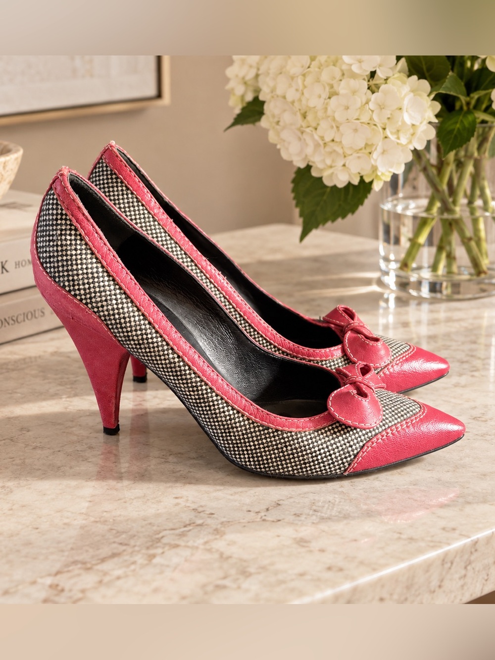 Moschino Black-and-White Houndstooth Pumps with Pink Trim